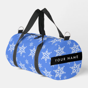 Witte sneeuwvlokken, Blauw, Jouw naam, Personalise Plunjezak