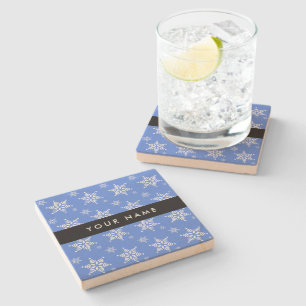 Witte sneeuwvlokken, Blauw, Jouw naam, Personalise Stenen Onderzetter