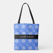 Witte sneeuwvlokken, Blauw, Jouw naam, Personalise Tote Bag (Achterkant)