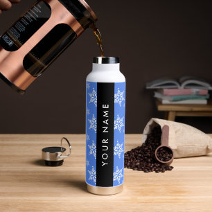 Witte sneeuwvlokken, Blauw, Jouw naam, Personalise Waterfles