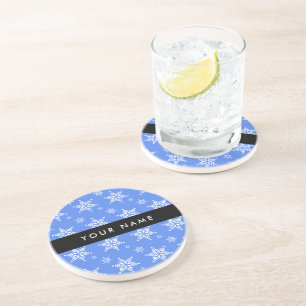 Witte sneeuwvlokken, Blauw, Jouw naam, Personalise Zandsteen Onderzetter