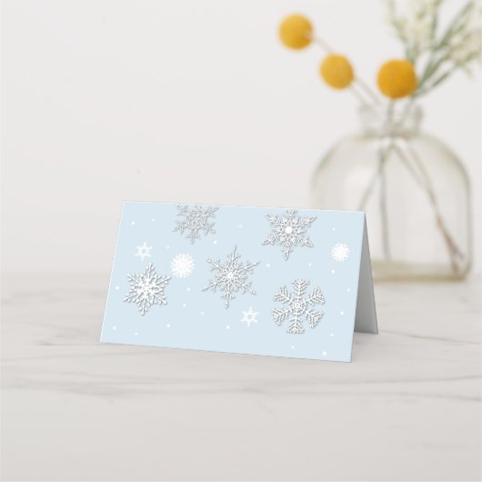 Witte sneeuwvlokken Blauwe bruiloft Gevouwen Plaat Plaatskaartje (Achterkant)
