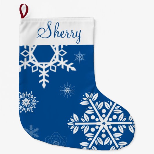 Witte sneeuwvlokken Blauwe kerststaart Grote Kerstsok (Voorkant)
