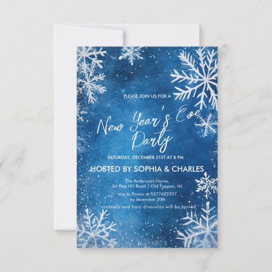 Witte sneeuwvlokken Blauwe oudejaarsfeest Kaart (Voorkant)