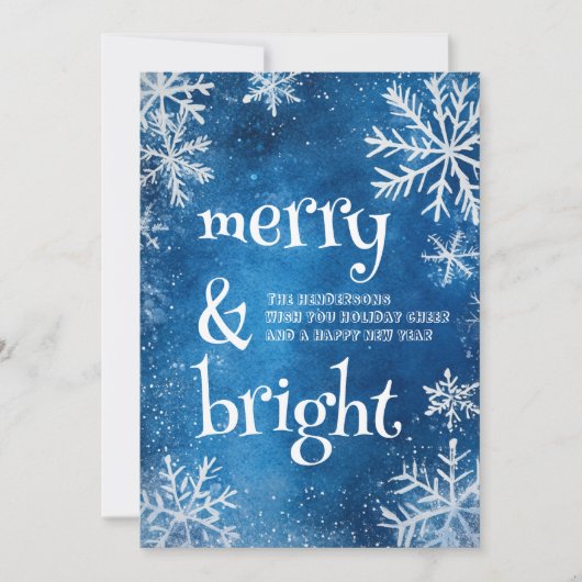 Witte sneeuwvlokken en blauw vrolijk en helder feestdagenkaart (Voorkant)