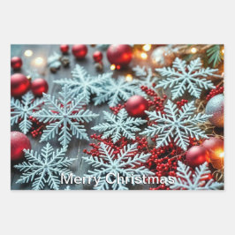 Witte sneeuwvlokken en felrode ornamenten inpakpapier vel