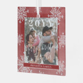 Witte sneeuwvlokken familiefoto gepersonaliseerd r glas ornament (Voorkant links)