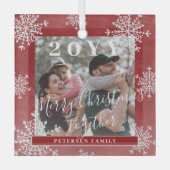 Witte sneeuwvlokken familiefoto gepersonaliseerd r glas ornament (Voorkant)