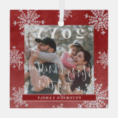 Witte sneeuwvlokken familiefoto gepersonaliseerd r glas ornament (Achterkant)