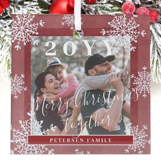 Witte sneeuwvlokken familiefoto gepersonaliseerd r glas ornament