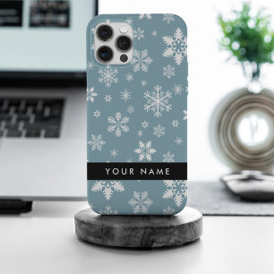 Witte sneeuwvlokken, Grijs, Je naam, Personaliseer iPhone 15 Pro Max Case