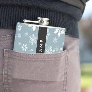 Witte sneeuwvlokken, grijs, jouw naam, personalise heupfles