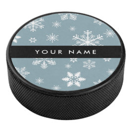 Witte sneeuwvlokken, grijs, Jouw naam, personalise Hockey Puck