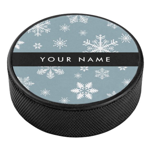 Witte sneeuwvlokken, grijs, Jouw naam, personalise Hockey Puck (3/4)