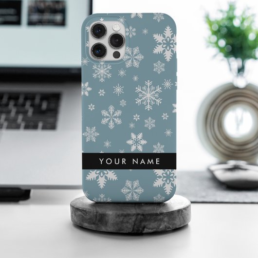 Witte sneeuwvlokken, grijs, Jouw naam, personalise iPhone Hoesje