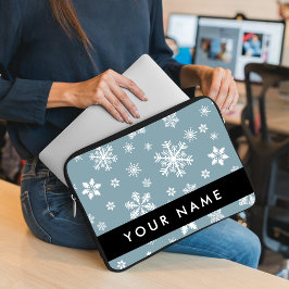 Witte sneeuwvlokken, grijs, Jouw naam, personalise Laptop Sleeve