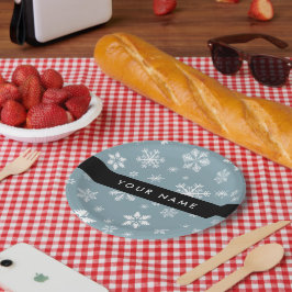 Witte sneeuwvlokken, grijs, Jouw naam, personalise Papieren Bordje