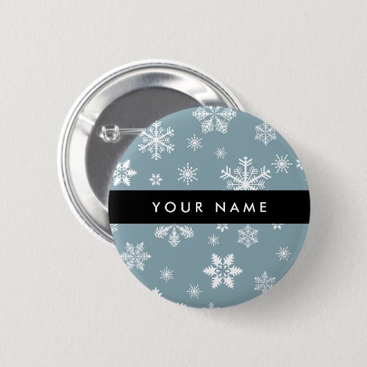 Witte sneeuwvlokken, grijs, Jouw naam, personalise Ronde Button 5,7 Cm (Voorkant /achterkant)