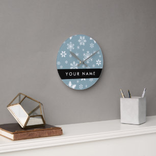 Witte sneeuwvlokken, grijs, Jouw naam, personalise Ronde Klok