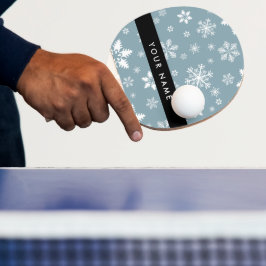 Witte sneeuwvlokken, grijs, Jouw naam, personalise Tafeltennisbatje