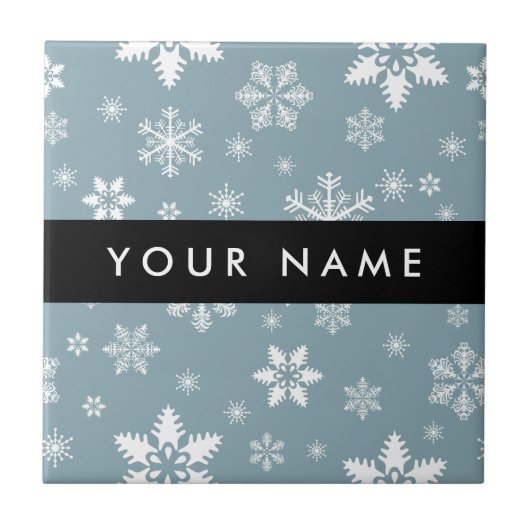 Witte sneeuwvlokken, grijs, Jouw naam, personalise Tegeltje (Voorkant)