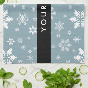 Witte sneeuwvlokken, grijs, Jouw naam, personalise Theedoek