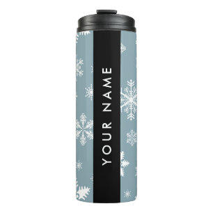 Witte sneeuwvlokken, grijs, Jouw naam, personalise Thermosbeker
