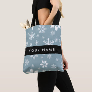 Witte sneeuwvlokken, grijs, Jouw naam, personalise Tote Bag