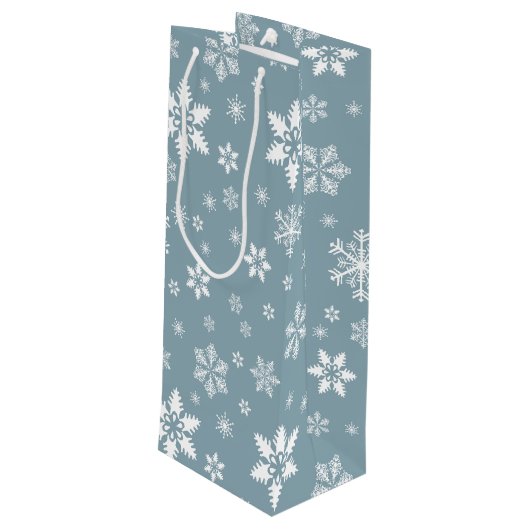 Witte sneeuwvlokken, grijs, Jouw naam, personalise Wijn Cadeautas (Achterkant Gekanteld)