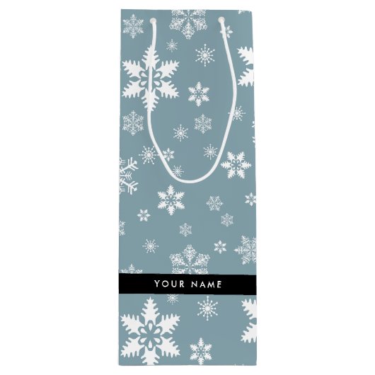 Witte sneeuwvlokken, grijs, Jouw naam, personalise Wijn Cadeautas (Voorkant)