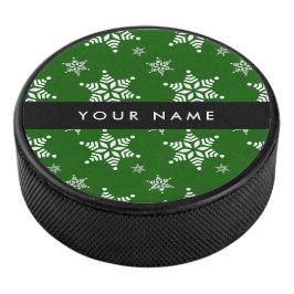 Witte sneeuwvlokken, Groen, Jouw naam, Personalise Hockey Puck