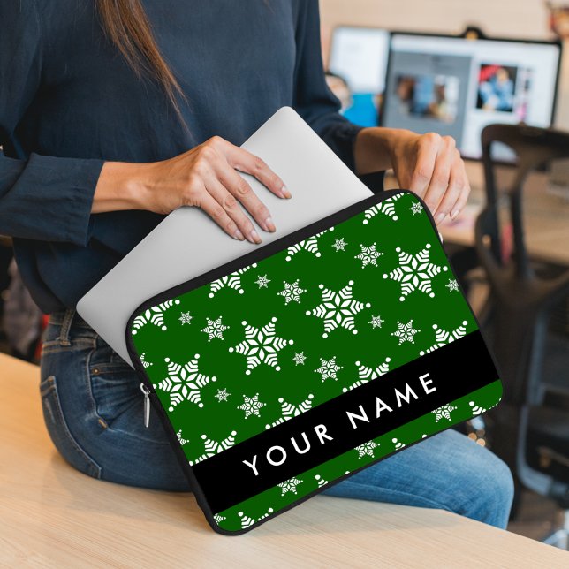Witte sneeuwvlokken, Groen, Jouw naam, Personalise Laptop Sleeve (Creator heeft geüpload)