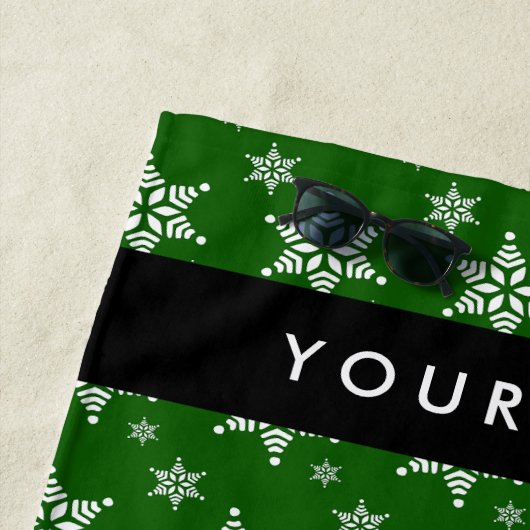 Witte sneeuwvlokken, Groen, Jouw naam, Personalise Strandlaken (In situ)