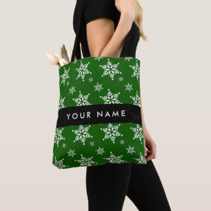 Witte sneeuwvlokken, groen, Uw naam, Personaliseer Tote Bag