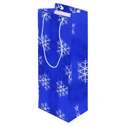 Witte sneeuwvlokken helderblauwe achtergrond wijn cadeautas (Achterkant Gekanteld)