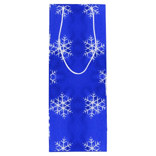 Witte sneeuwvlokken helderblauwe achtergrond wijn cadeautas (Achterkant)