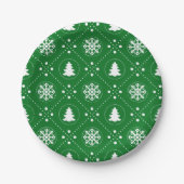 Witte sneeuwvlokken kerstbomen groen ontwerp papieren bordje (Voorkant)