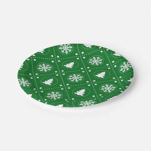 Witte sneeuwvlokken kerstbomen groen ontwerp papieren bordje (Gekanteld)