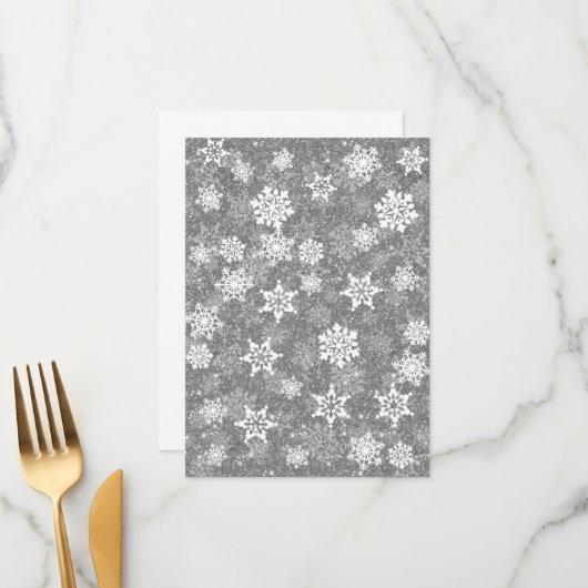 Witte Sneeuwvlokken Luxe Grijs Elegante Kerstmis Menu (Voorkant / Achterkant in situ)