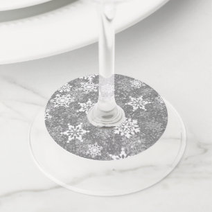 Witte Sneeuwvlokken Luxe Grijs Elegante Kerstmis Wijnglaslabel