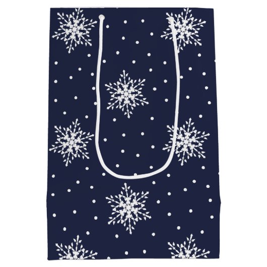 Witte sneeuwvlokken met Polka Dots op Navy Blue Medium Cadeauzakje (Achterkant)