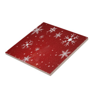 Witte sneeuwvlokken met rode achtergrond tegeltje