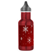 Witte sneeuwvlokken met rode achtergrond waterfles  (Links)