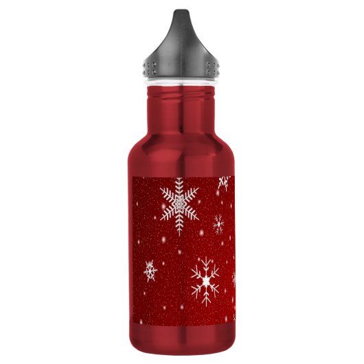 Witte sneeuwvlokken met rode achtergrond waterfles  (Links)