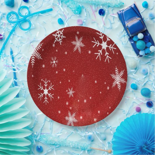 Witte sneeuwvlokken met rode Borden achtergrondpap Papieren Bordje (Feest)