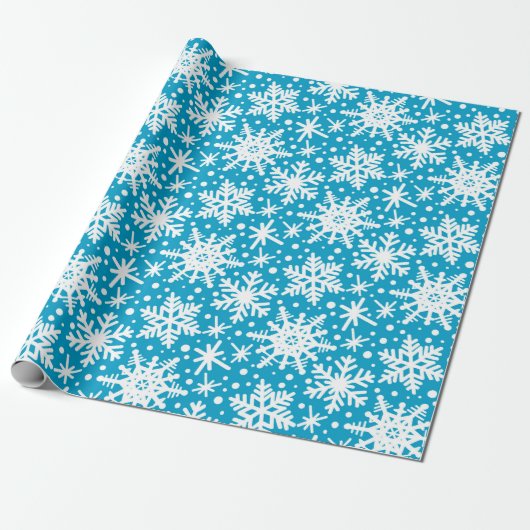 Witte sneeuwvlokken op Aqua Cadeaupapier (Uitgerold)