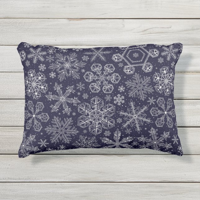 Witte sneeuwvlokken op blauw buitenkussen (Voorkant)
