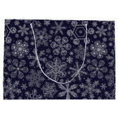 Witte sneeuwvlokken op blauw groot cadeauzakje (Achterkant)