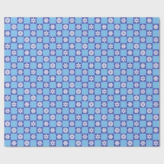 Witte sneeuwvlokken op blauw raster cadeaupapier (Vlak)