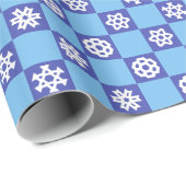 Witte sneeuwvlokken op blauw raster cadeaupapier (Rol Hoek)